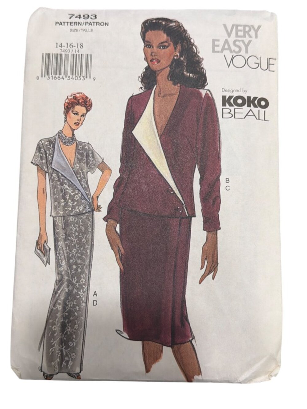 Very Easy Vogue Koko Beall 7493 Sewing Pattern Misses Top & Skirt Sizes 14-16-18